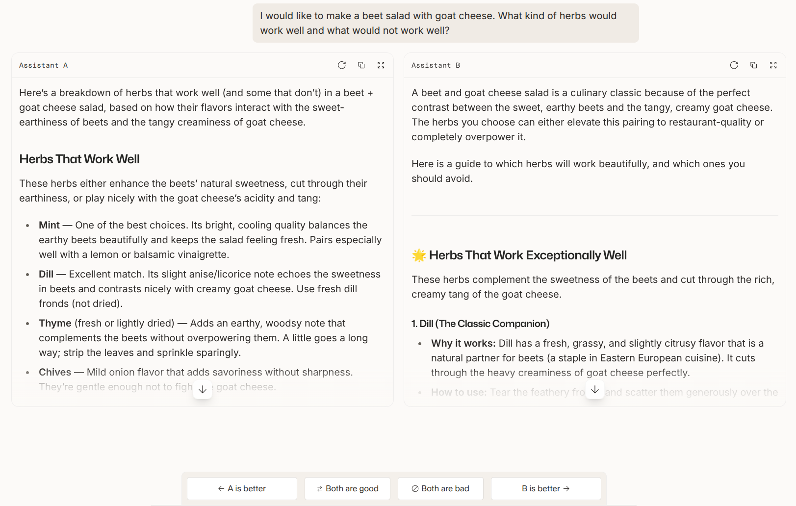 图：Chatbot Arena 的匿名成对回答比较界面。来源：LMSYS Chatbot Arena。